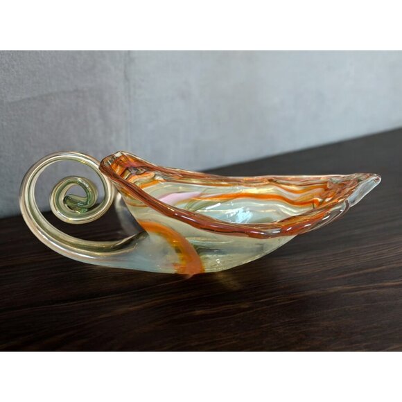 Vtg Slag Art Glass Cornucopia Vase Spiral Curled Handle Unsigned Orange MCM - Picture 1 of 15
